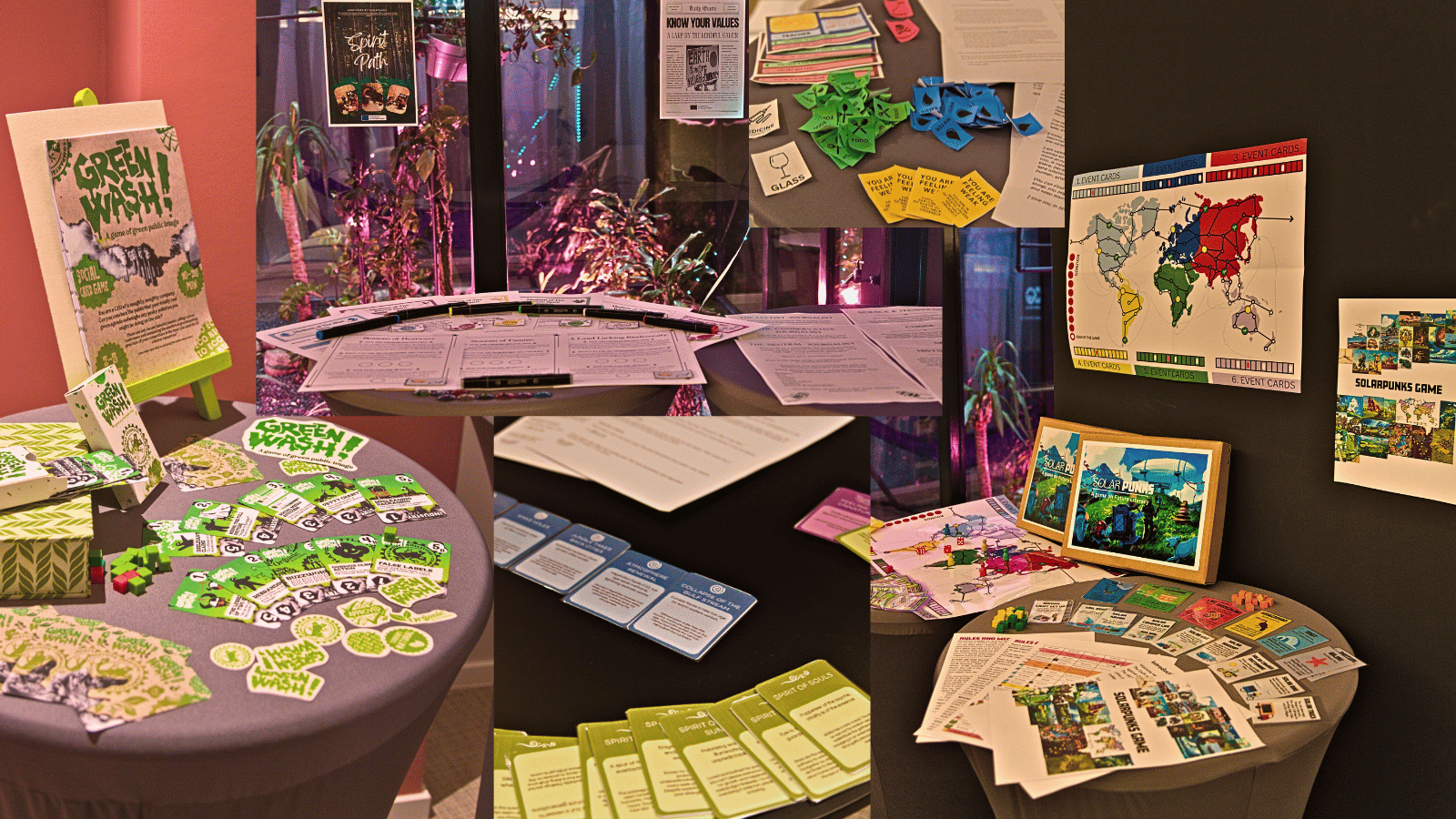 Photos of games from the Climate for All project from a public presentation. You can see a variety of cards, game tokens, maps, game manuals, and more, from 6 games