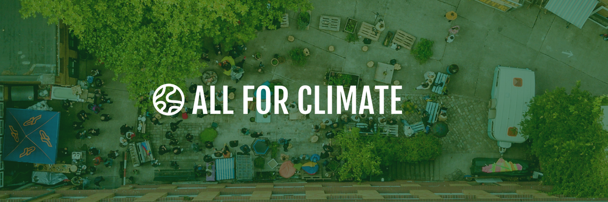Logo of All for Climate with title in white, over an aerial photo of a backyard with plants, under a green overlay