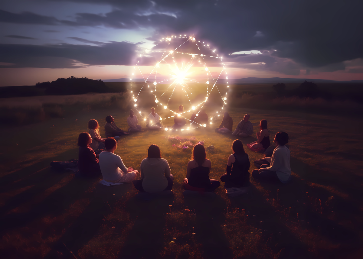 Men and woman sitting around a circle in a field during sunset whilst looking at a ball of light.