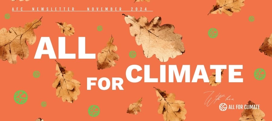 All for Climate written in white text over an orange background decorated with autumn leaves